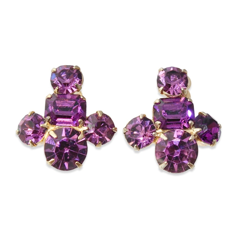 Vintage Coro Purple Rhinestone Cluster Screw Back Earrings Gold Plated Clip On